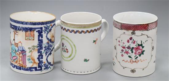 Two Chinese export famille rose mugs, Qianlong and a Chinese export Imari bulle shaped teapot and cover, Qianlong